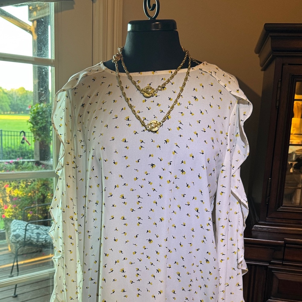 Ann Taylor Lift White / Yellow Floral Ruffle Sleeve Top - Large